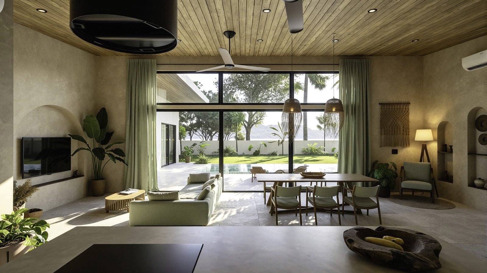 Living room opening onto the pool terrace at dusk