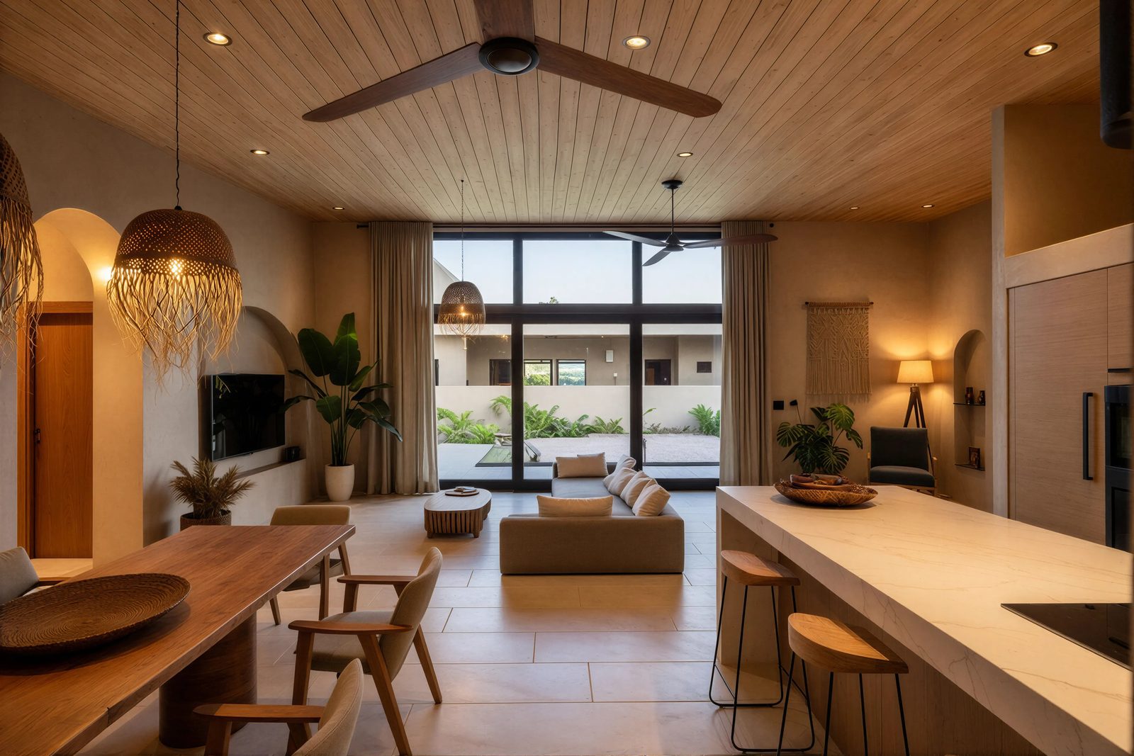 Open-plan living and dining area in natural materials