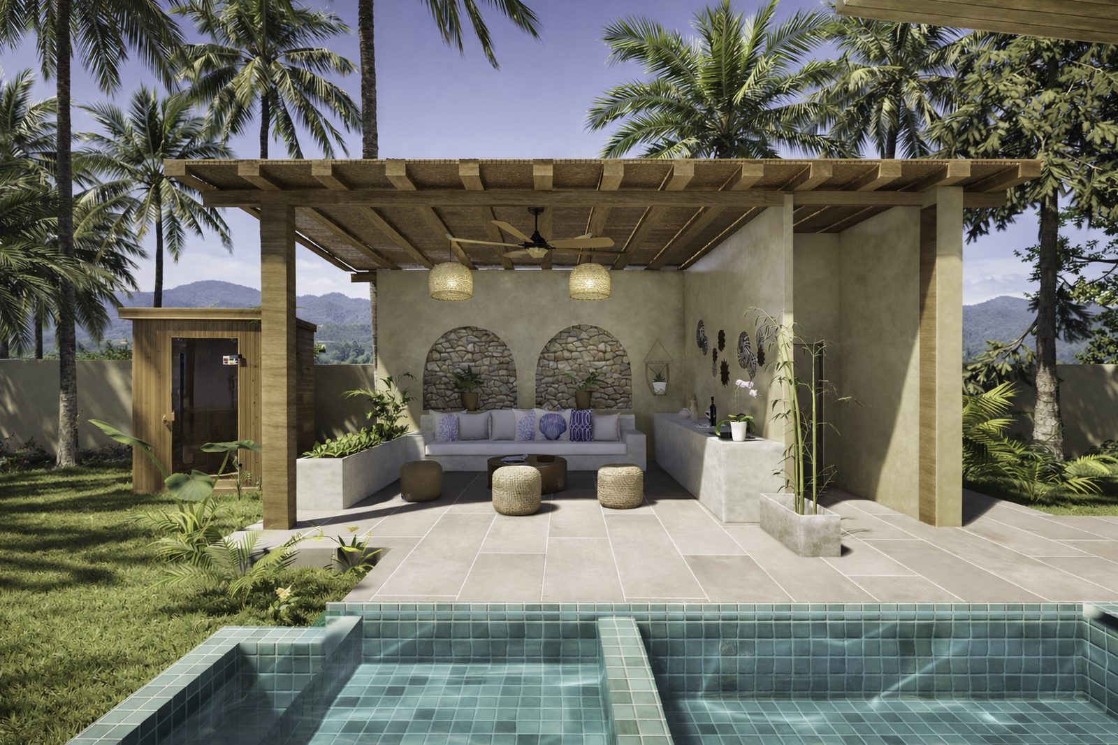 Covered outdoor lounge beside the private pool