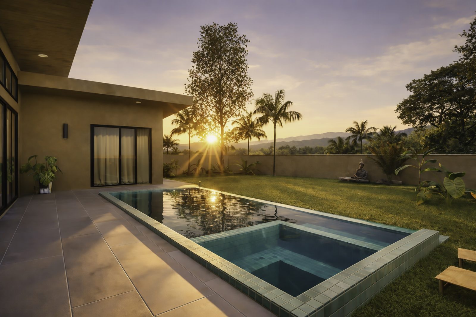 Pool villa at twilight with warm lighting