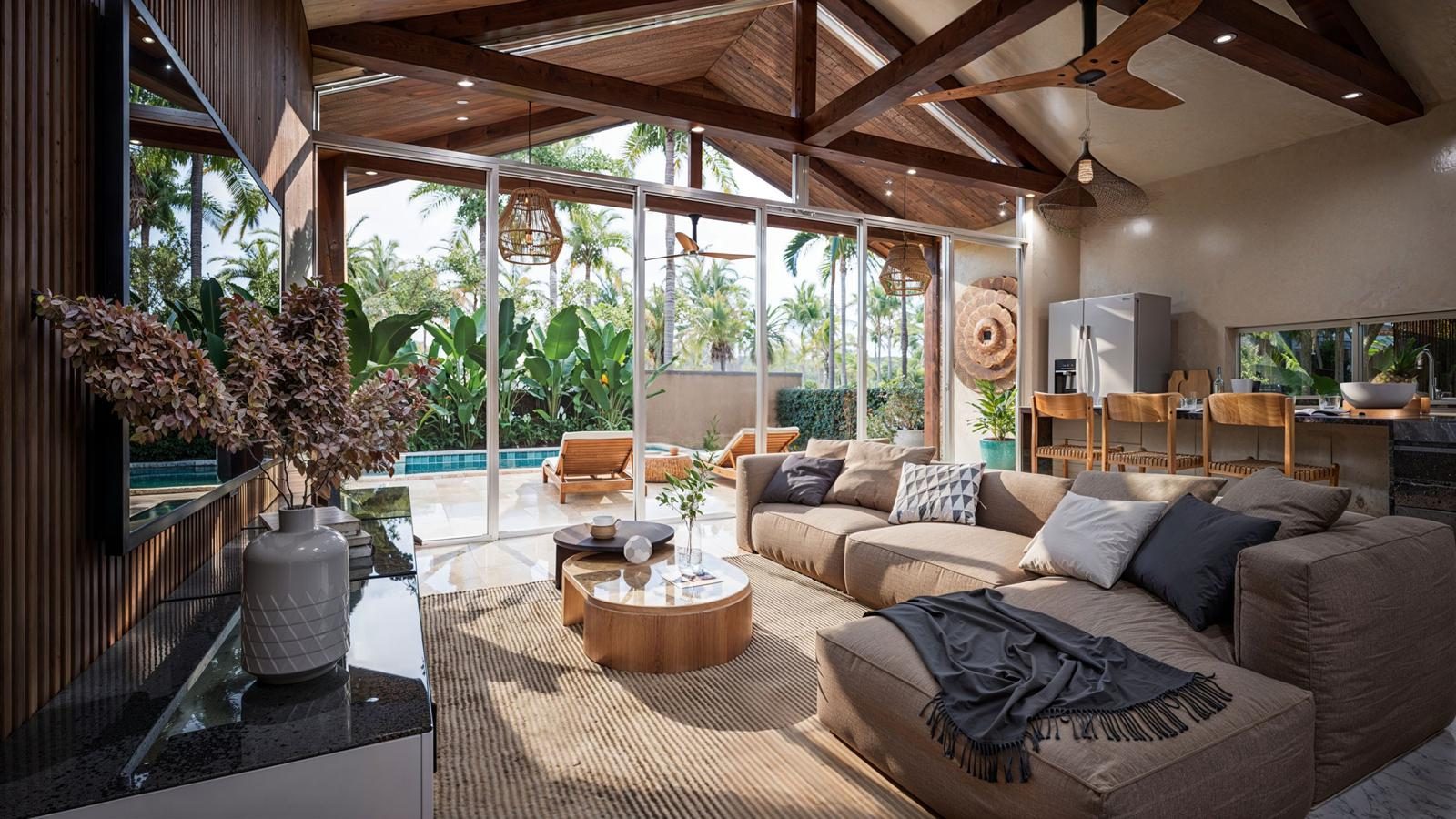 Open-plan living area opening onto the pool terrace