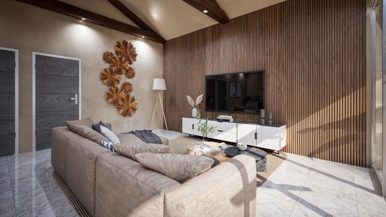 Living room with timber ceiling and natural materials