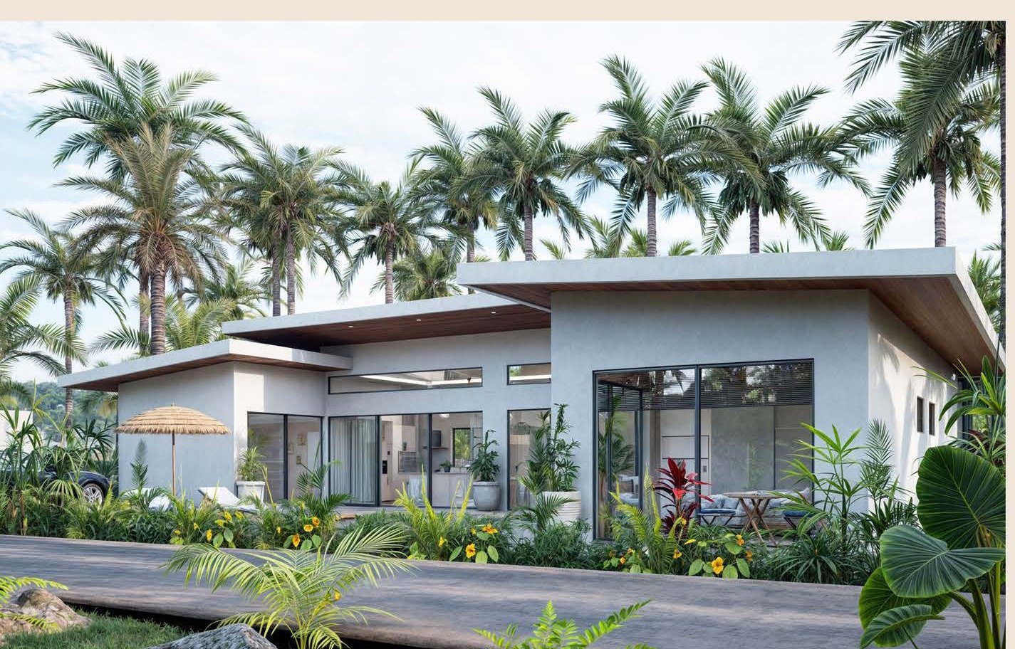 Single-storey villa exterior with tropical garden