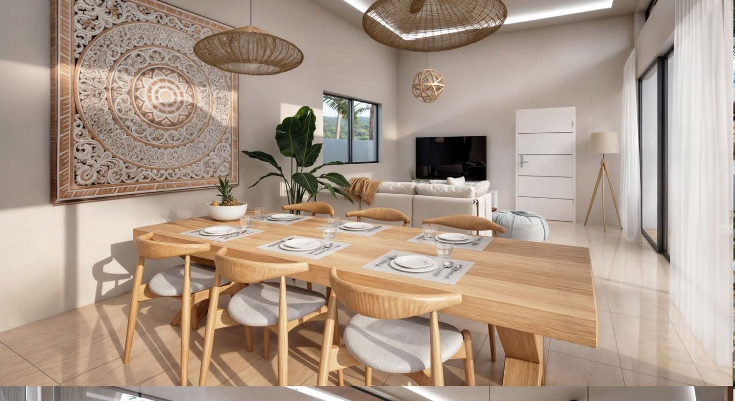 Open-plan living and dining room in warm oak