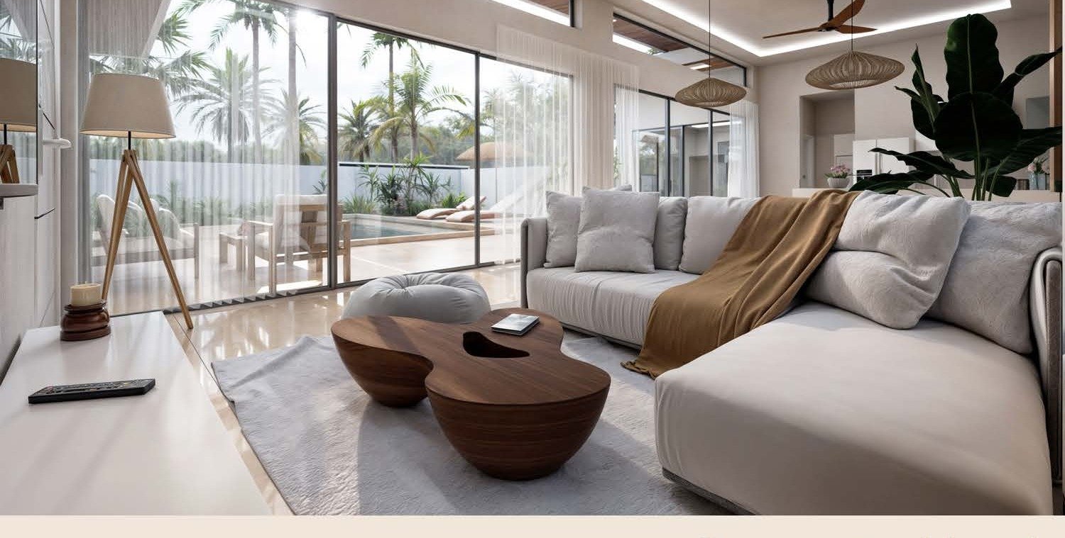 Living room opening to the pool through full-height glass