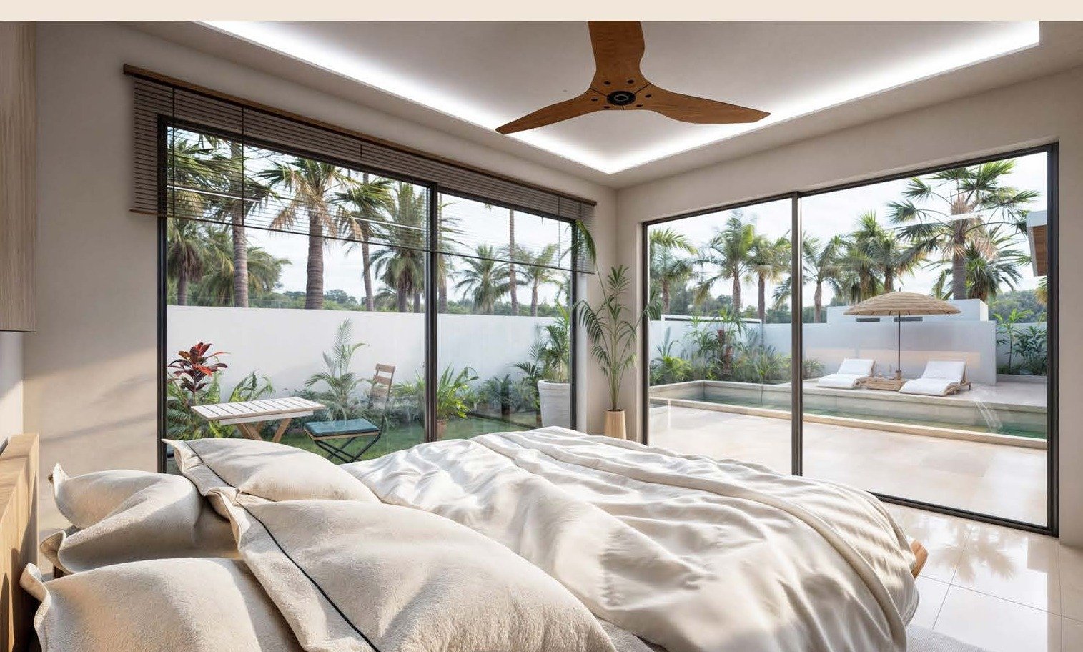 Master bedroom with a garden and pool outlook