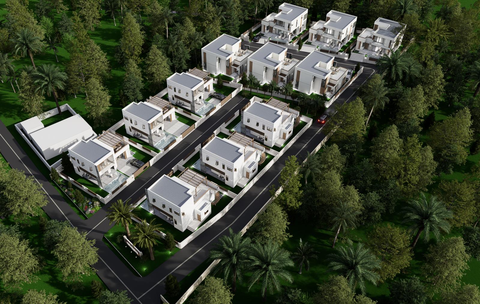 Aerial view of the twelve-villa estate surrounded by coconut palms