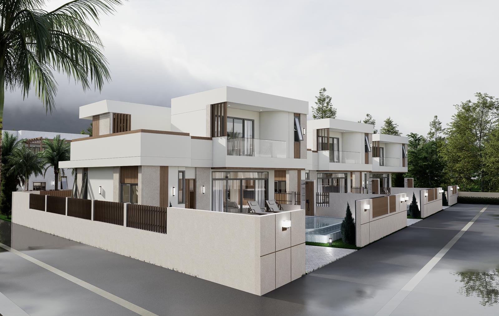 Street elevation of the villas behind their boundary walls