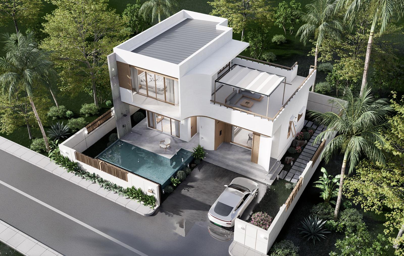 Single villa from above, showing the pool terrace and rooftop