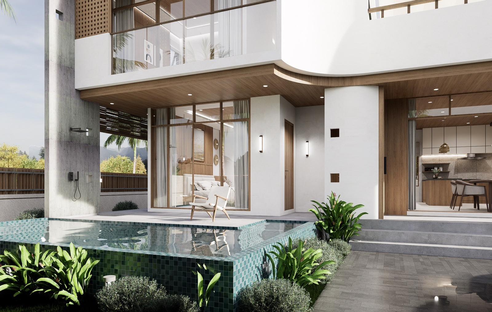 Private pool beside the open-plan living area of a two-bedroom villa