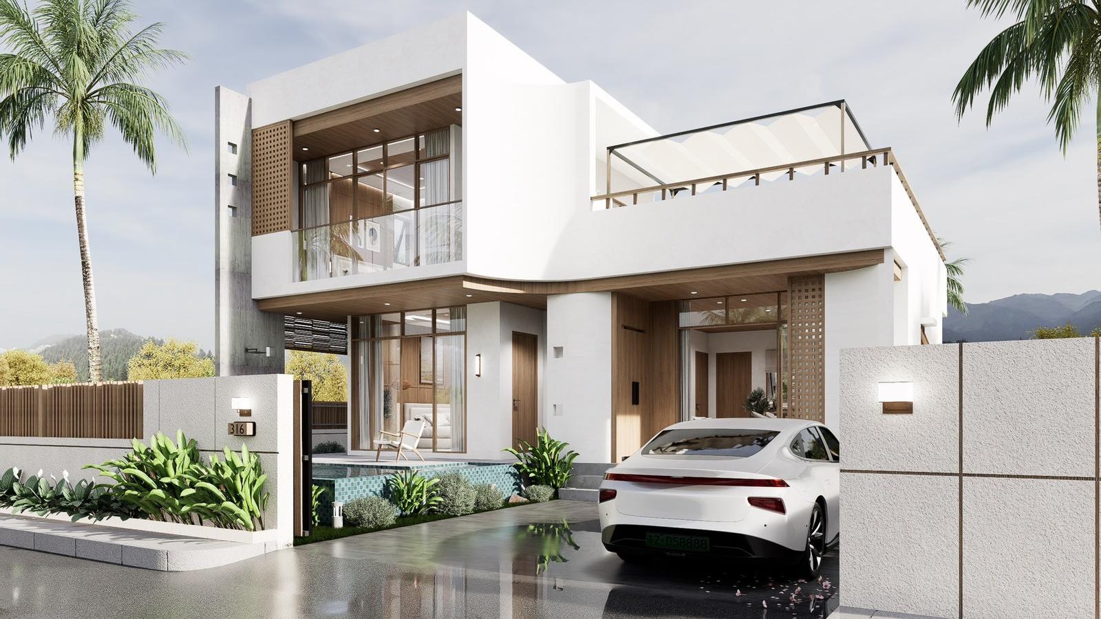 Villa entrance and covered parking seen from the road