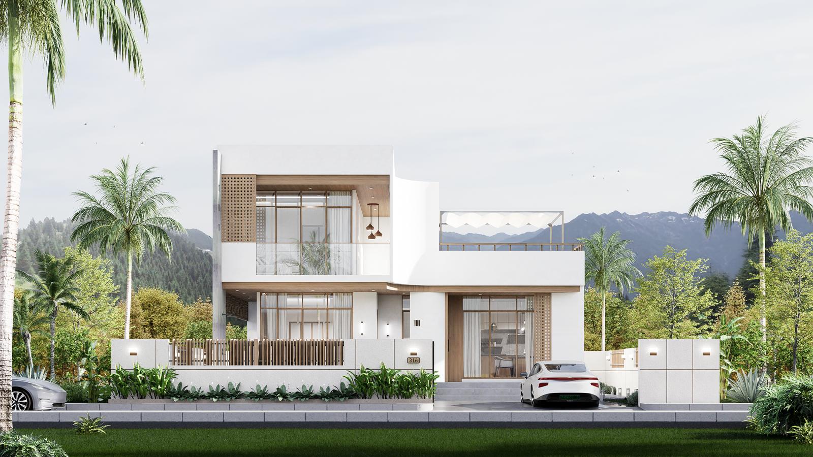 Two-bedroom villa and its garden from the street