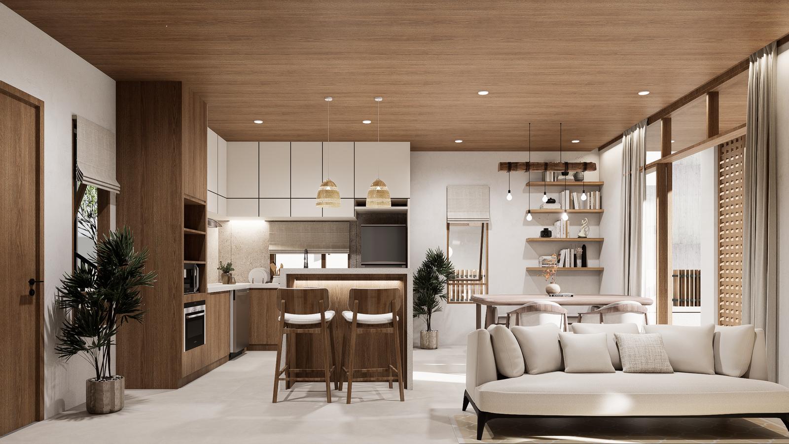 Open-plan kitchen, dining and living area in warm timber