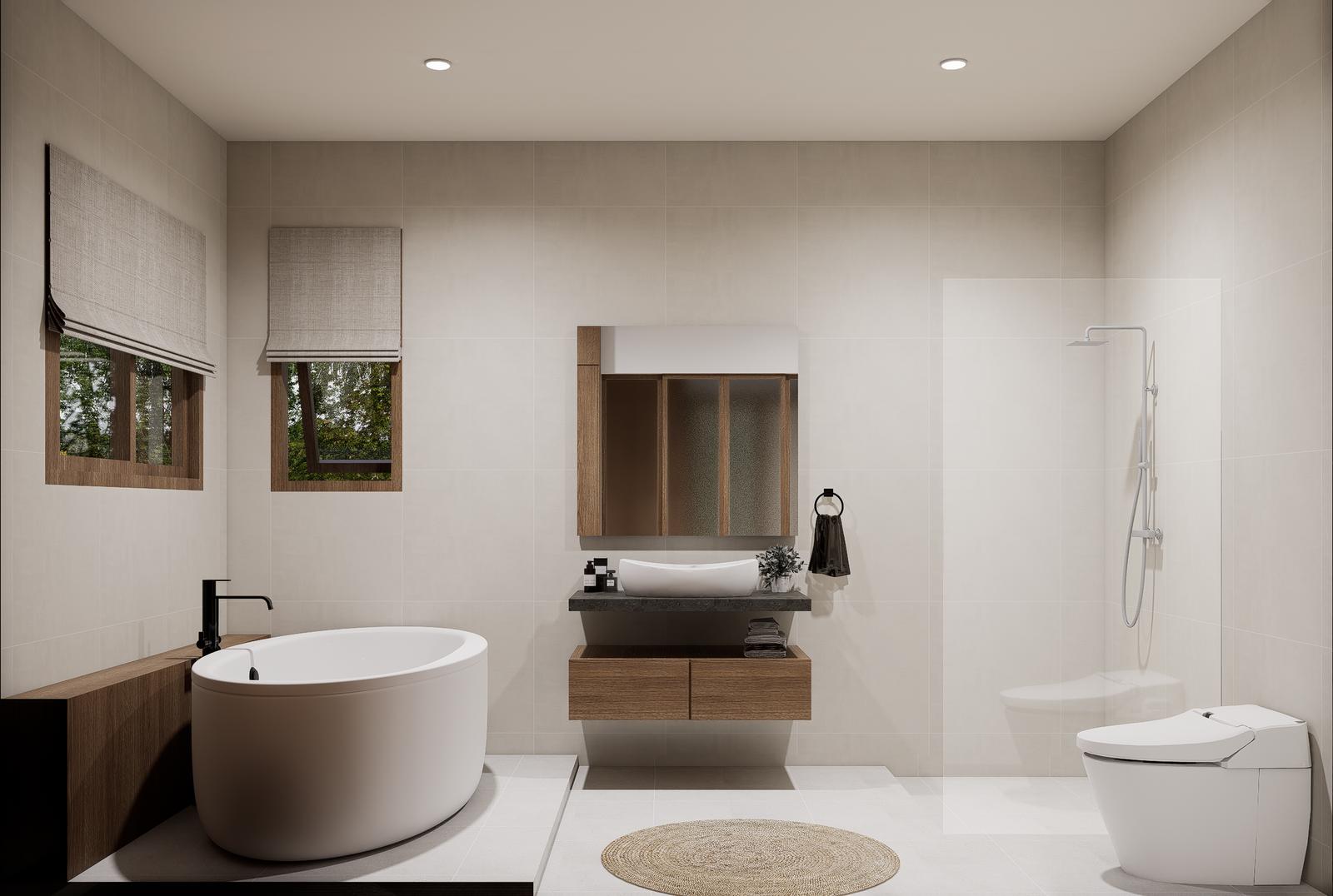 Master bathroom with a freestanding tub and twin vanity