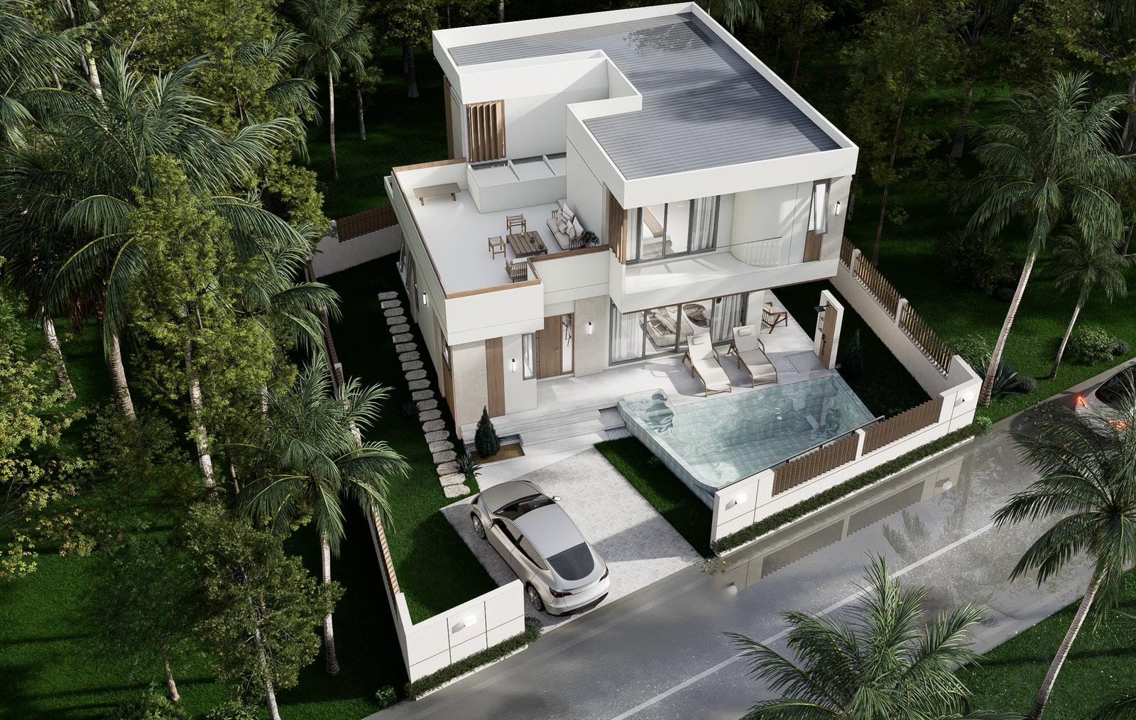 Three-bedroom villa from above, pool terrace and rooftop in view