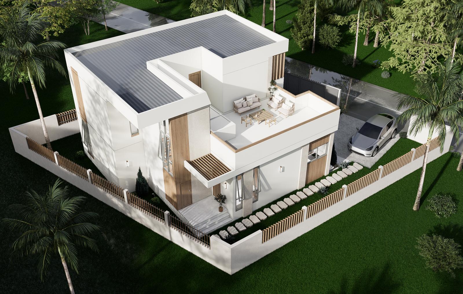 Three-bedroom villa, its pool and carport within the walled plot