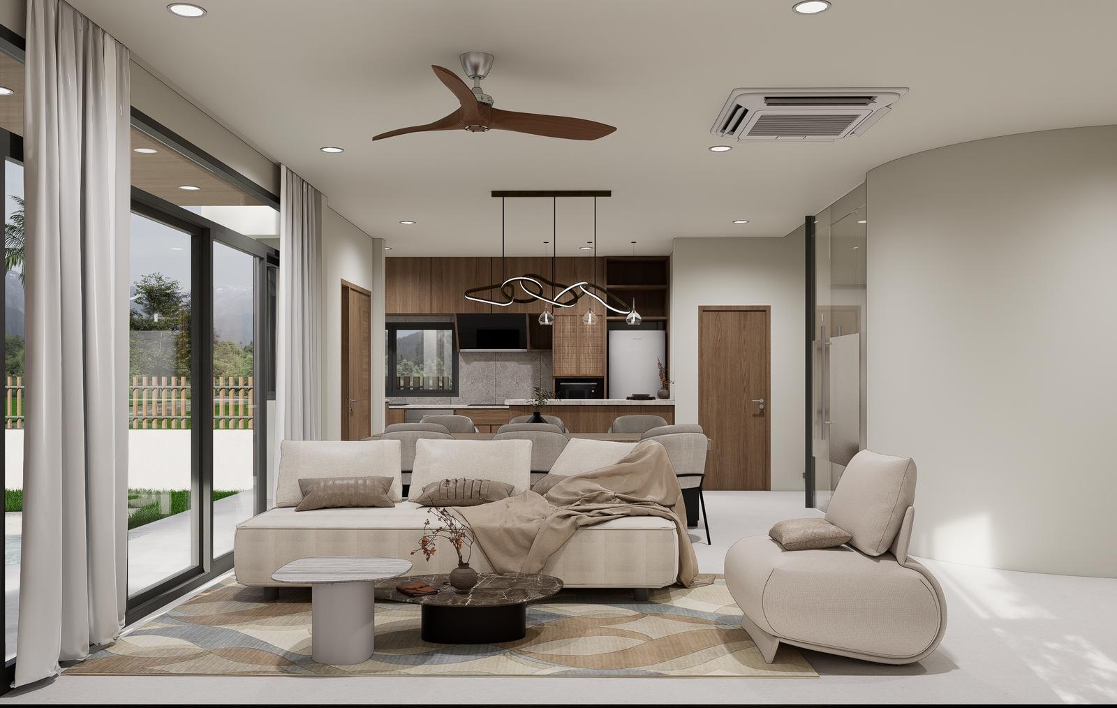 Living area opening through full-height glass to the pool