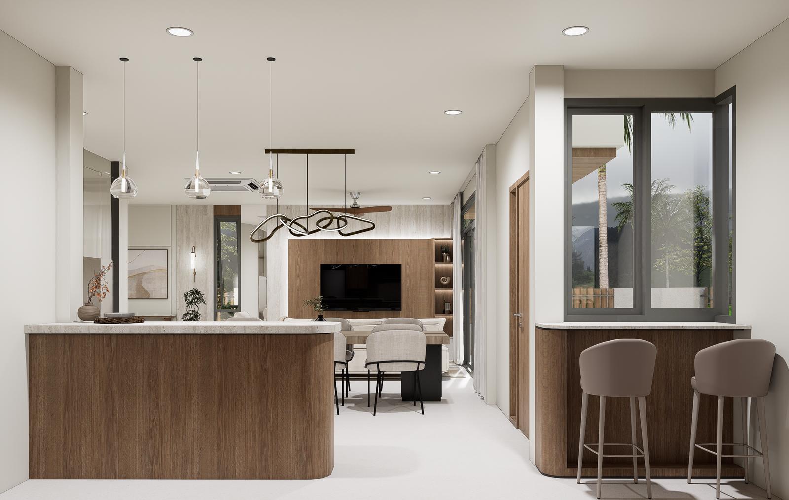 Kitchen with an island and breakfast seating