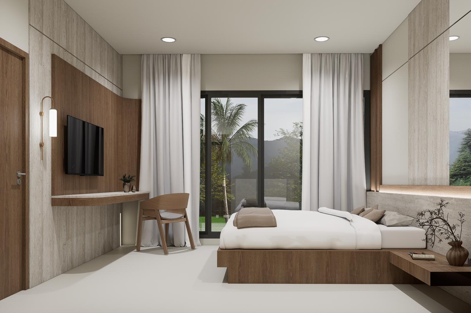 Master bedroom with a timber headboard wall and garden view