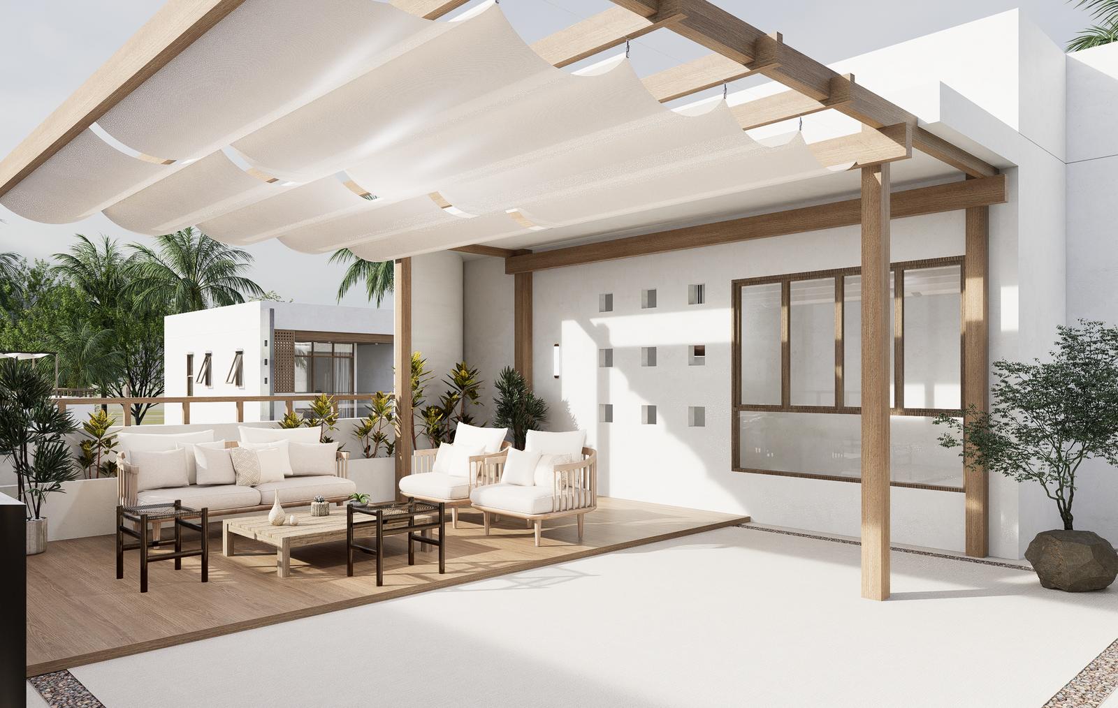 Rooftop terrace shaded by a pergola, furnished as an outdoor lounge