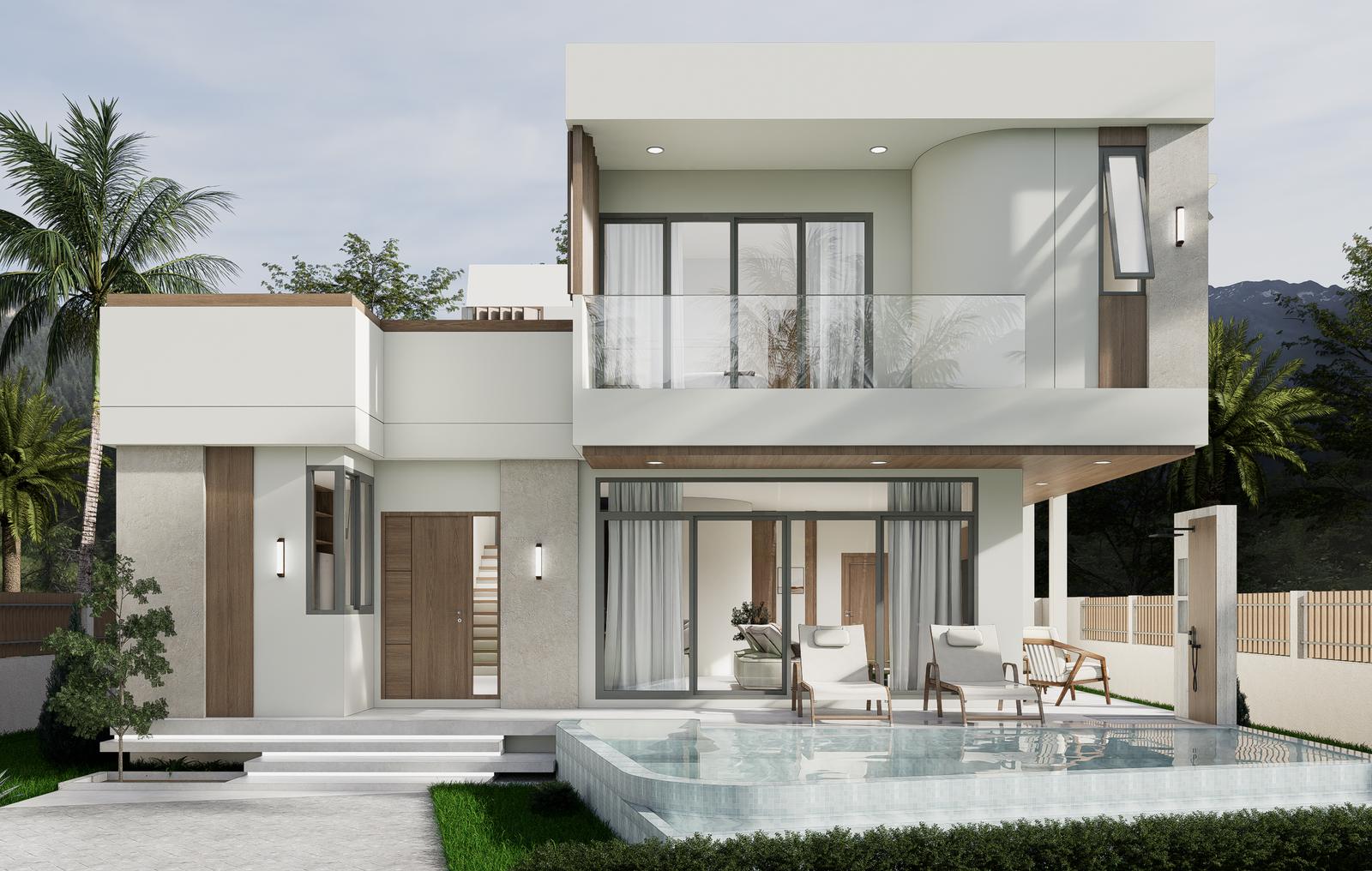 Villas and their pools seen from the estate road