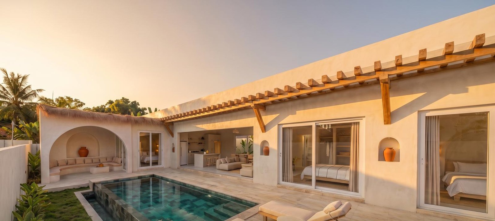 Pool terrace at sunset with the arched sala and the open living room