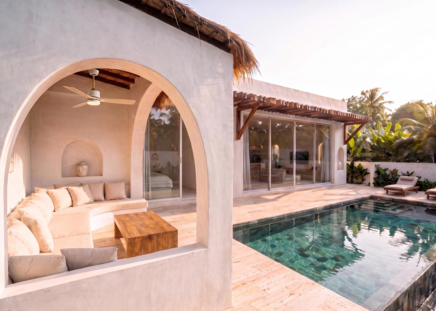 The arched sala with built-in seating beside the private pool