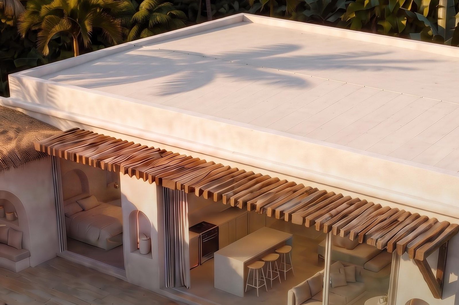 A one-bedroom villa from above, living space and bedroom opening onto the pool