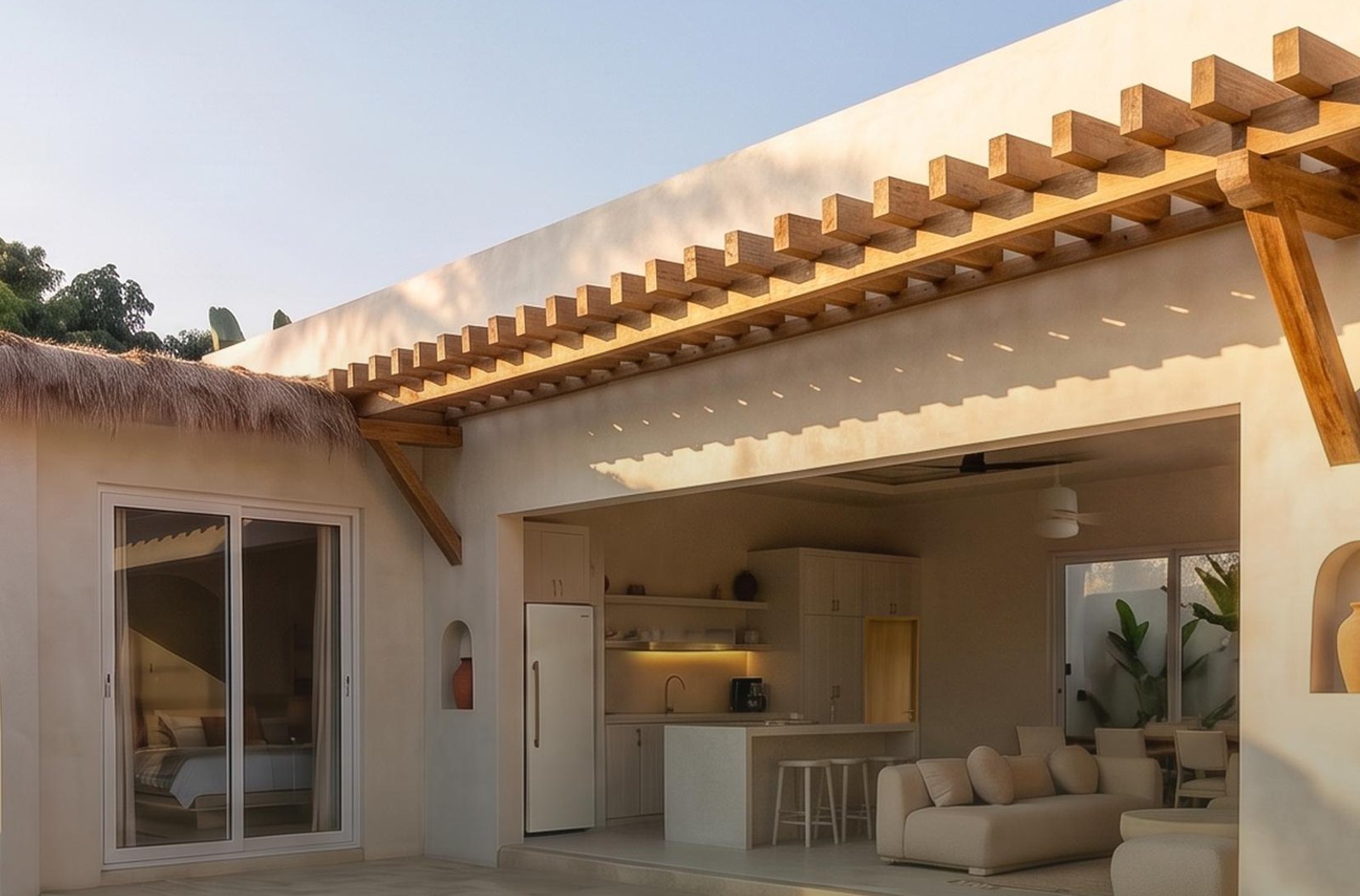 Open living room and kitchen under the timber pergola