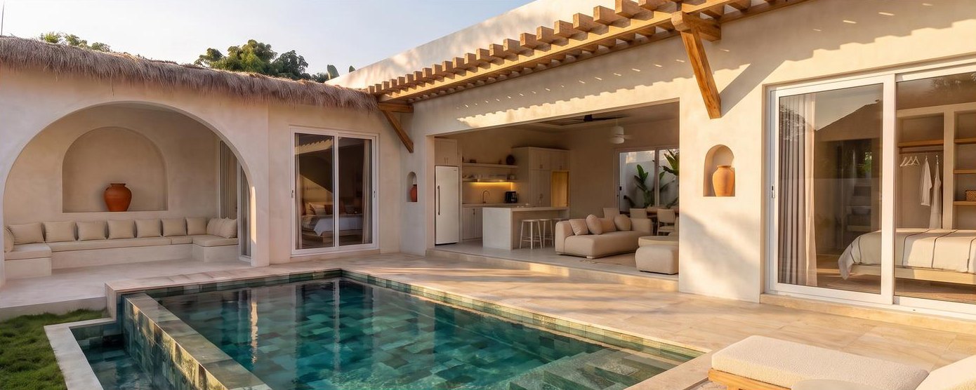 A two-bedroom villa at dusk, sala, living room and bedrooms along the pool