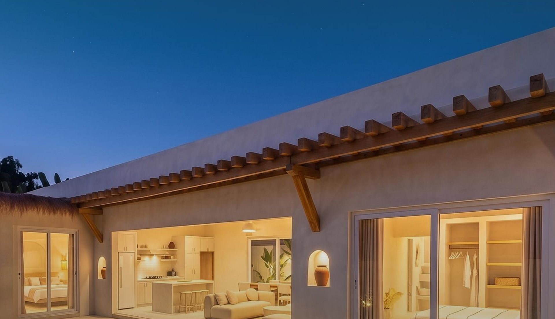 Pool terrace at sunset with the arched sala and the open living room