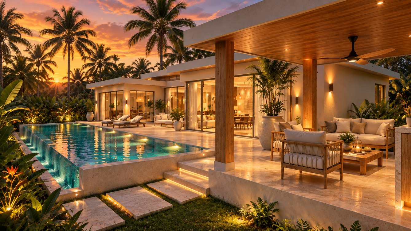 The pool terrace at sunset, lanterns lit under the covered lounge