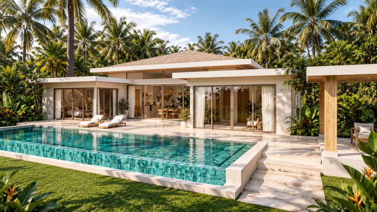 Pool terrace with loungers in front of the living room
