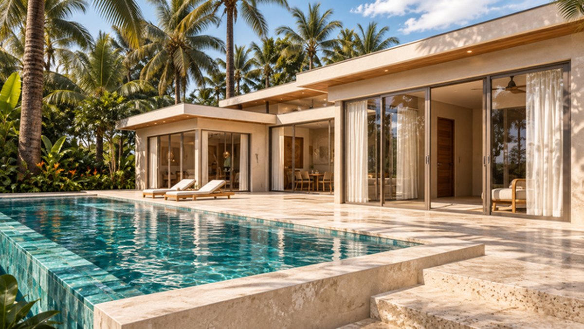 The pool along the terrace, the bedroom wing beyond