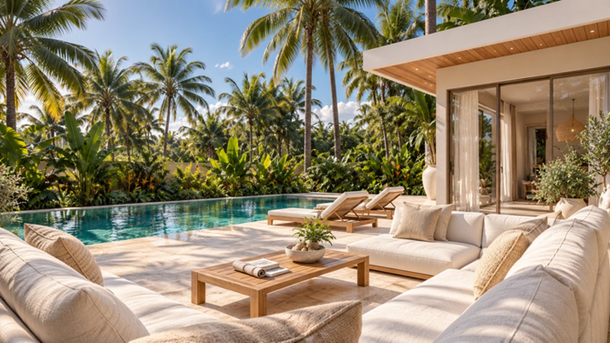 Covered lounge beside the pool, sofas and a low table