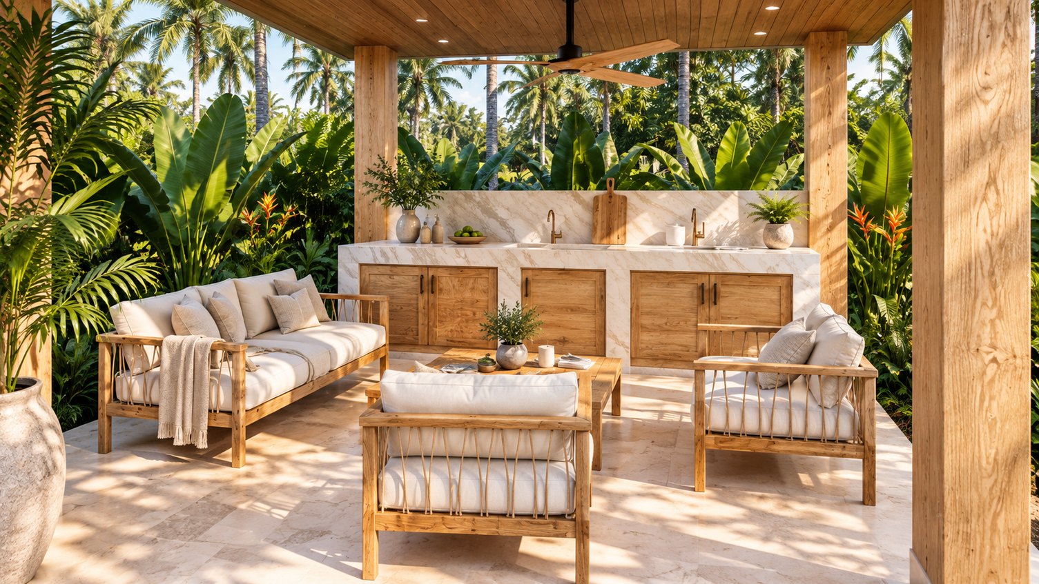 Outdoor kitchen and lounge under a timber roof