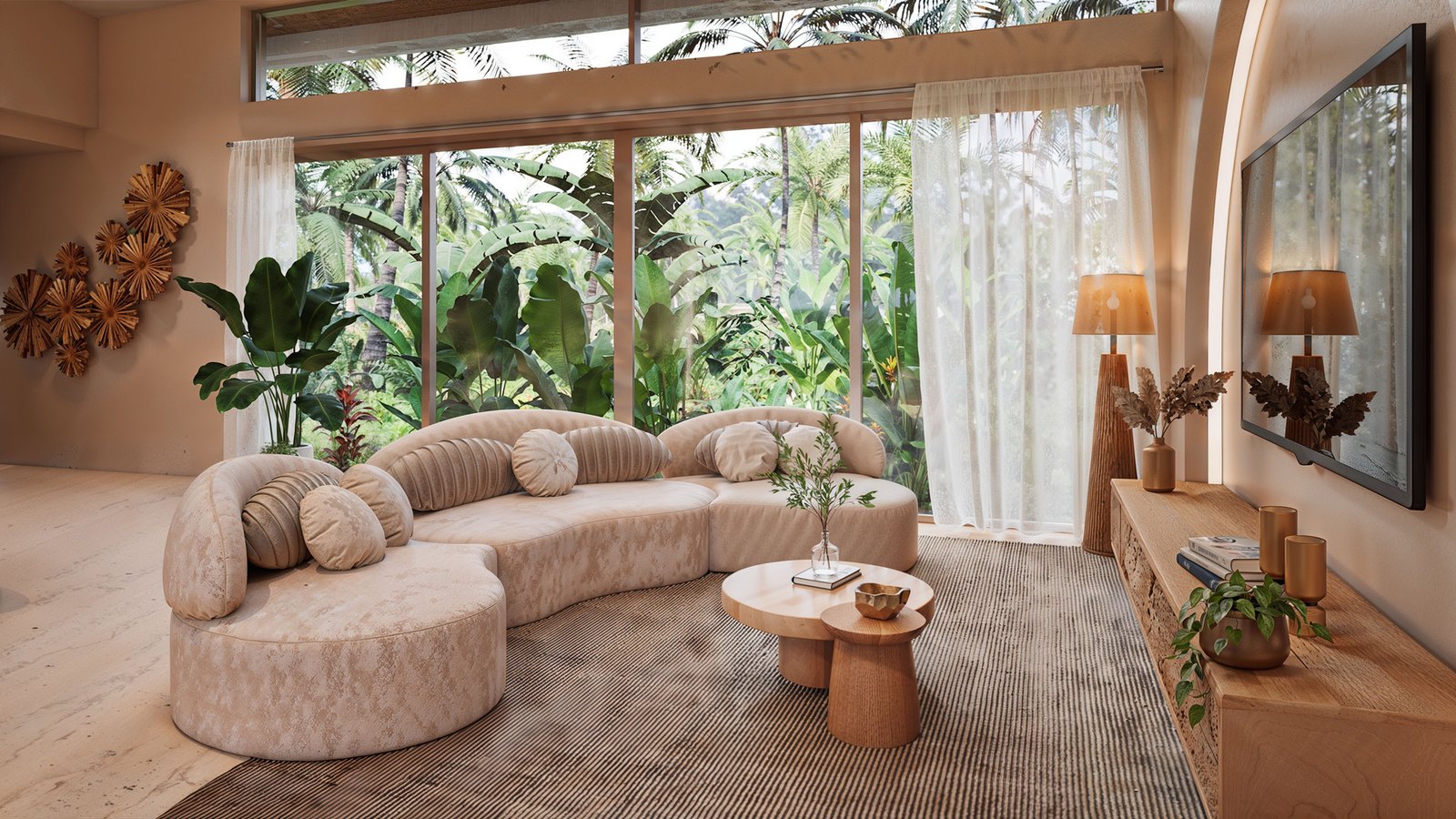 Living room with garden views through tall windows