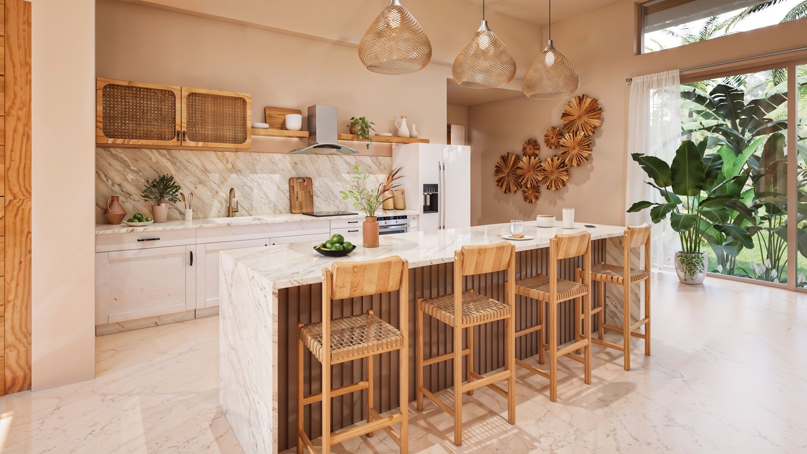 Kitchen with a marble island and bar stools
