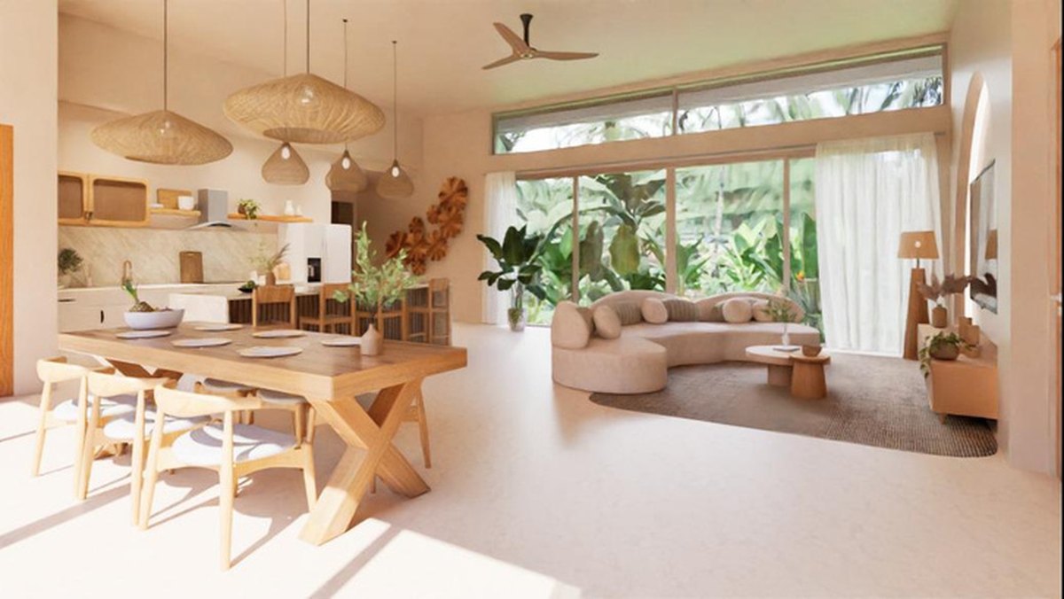 Dining table between the kitchen and the living area