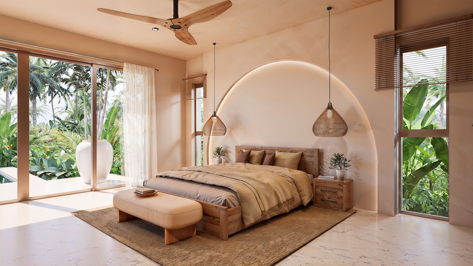 Master bedroom under an arched lit alcove, doors to the garden