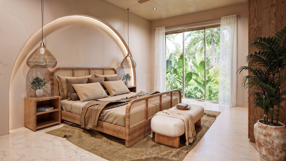Bedroom with a woven bed frame and garden windows