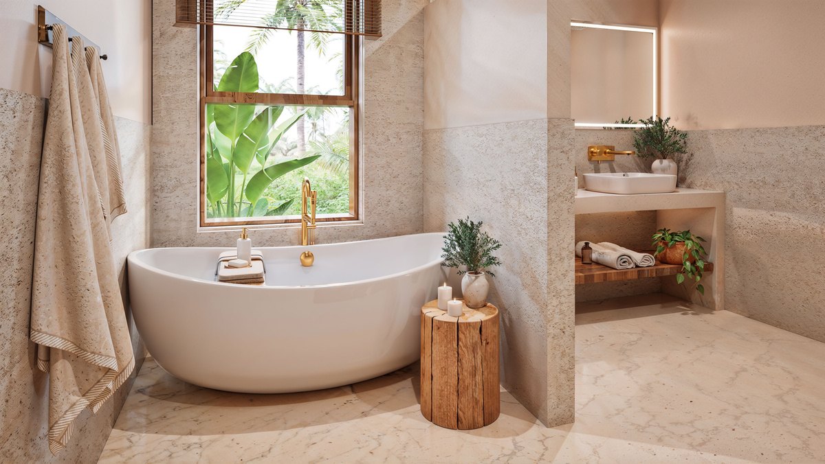 Bathroom with a freestanding tub under a garden window