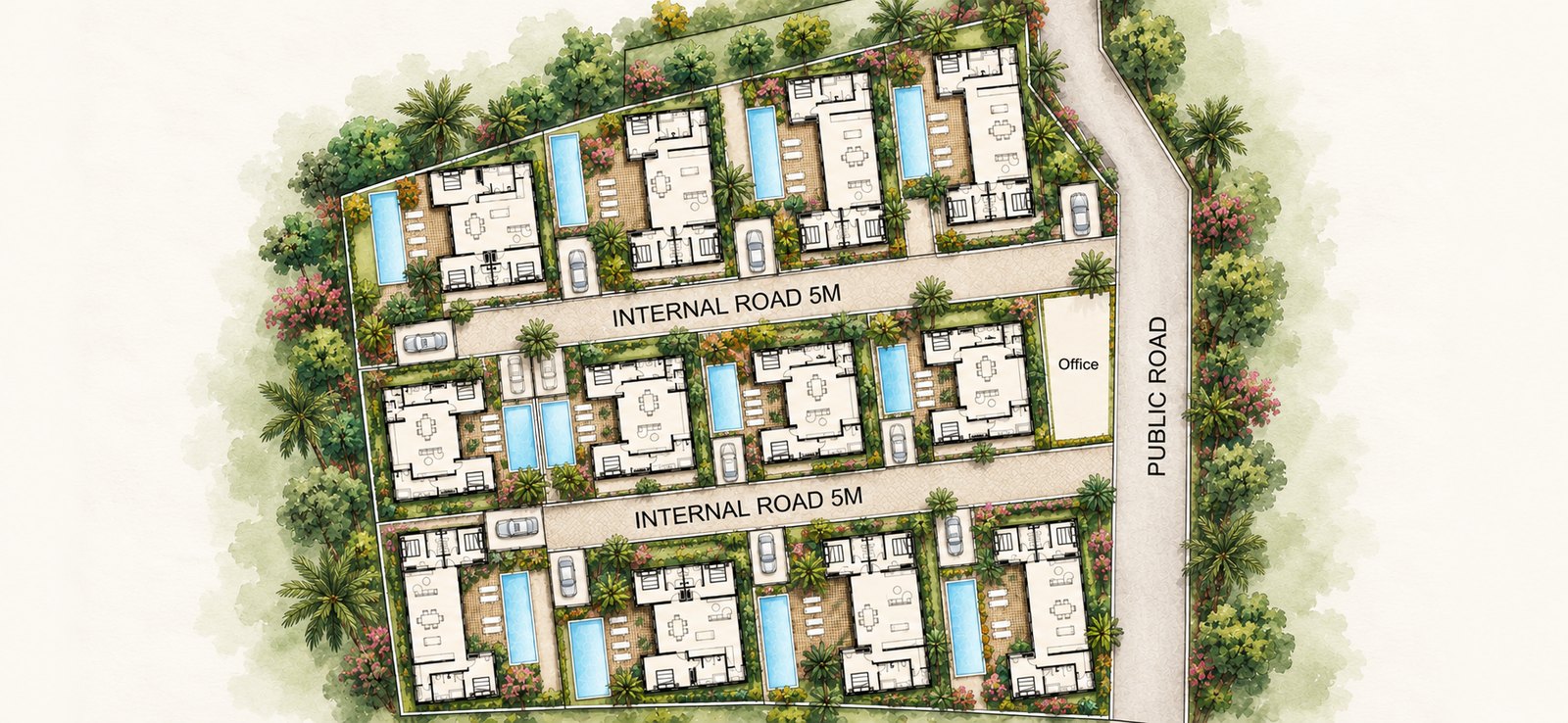 Site plan of the twelve villas along two internal roads