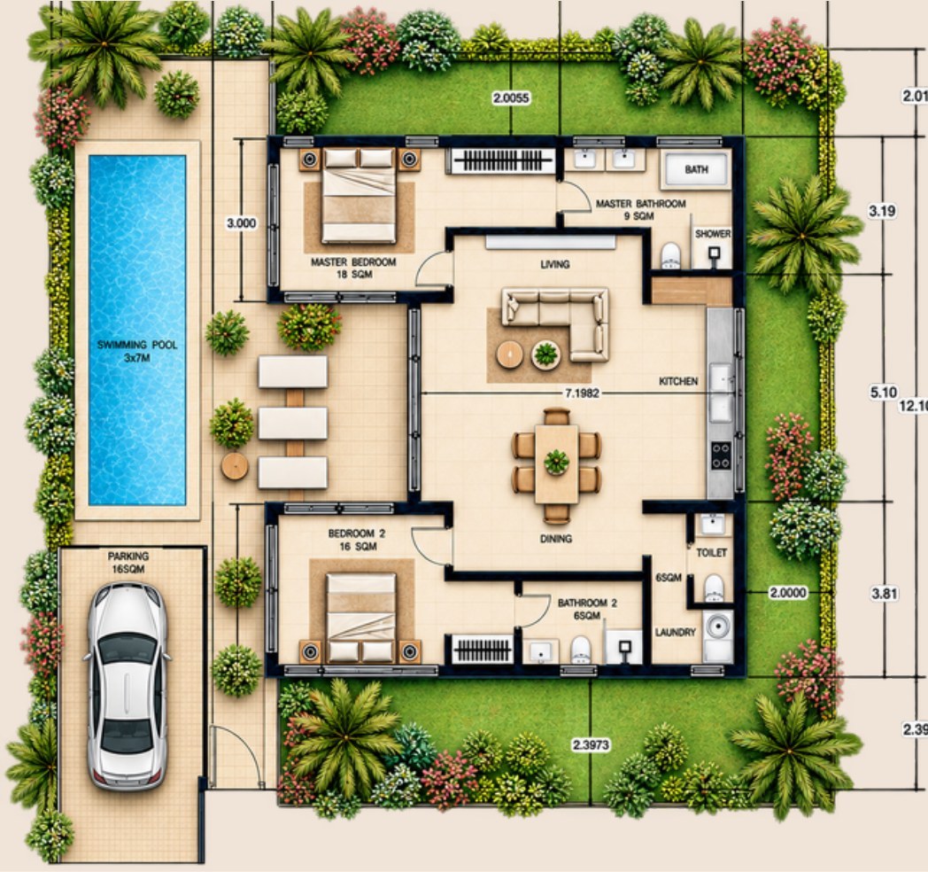 Floor plan of the two-bedroom villa, 102 m2 on a 300 m2 plot
