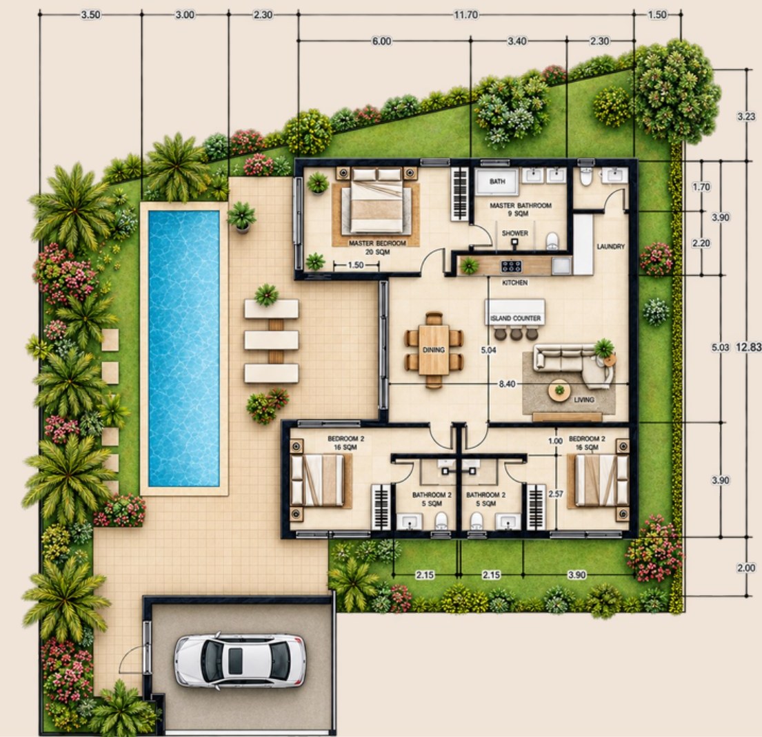 Floor plan of the three-bedroom villa, 130 m2 on a 400 m2 plot
