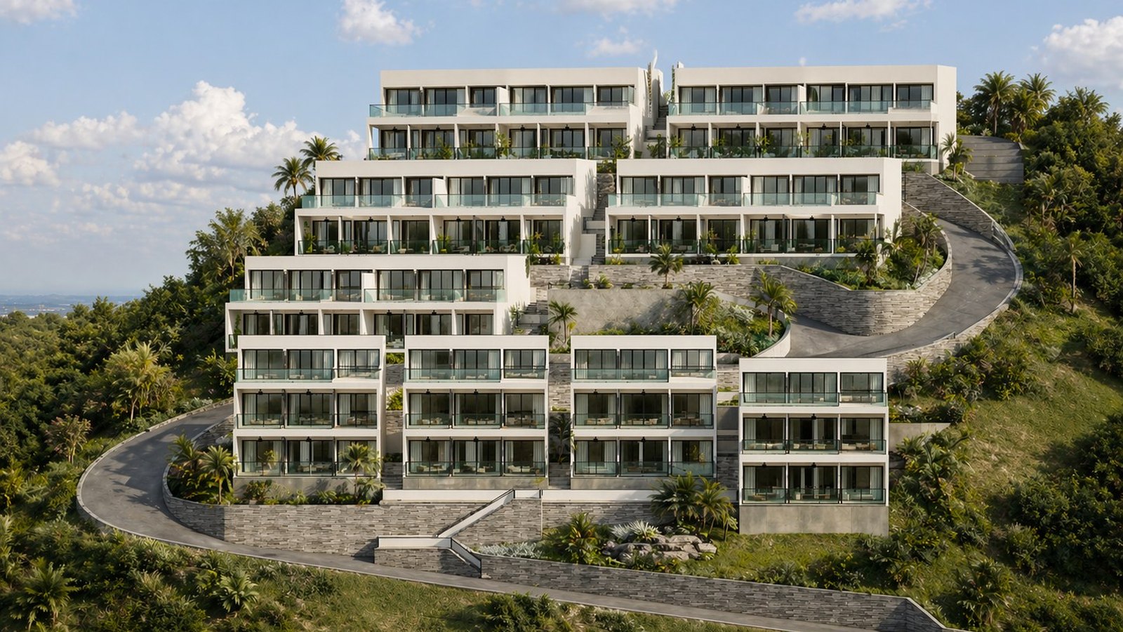The whole hillside from the front, nine blocks stepping up the slope