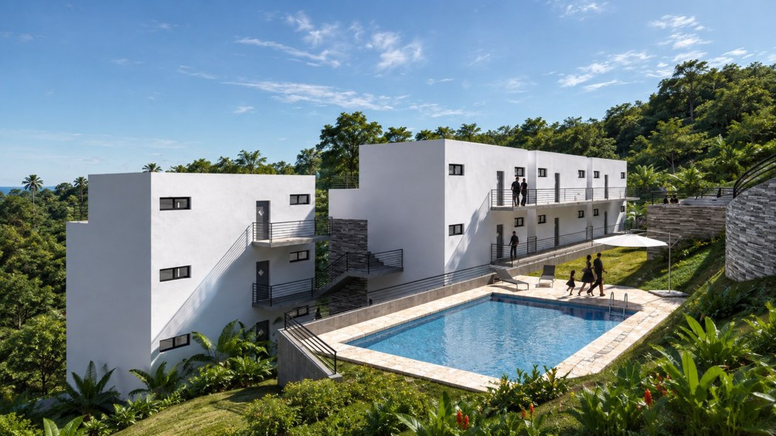The shared pool and sun deck below the first blocks