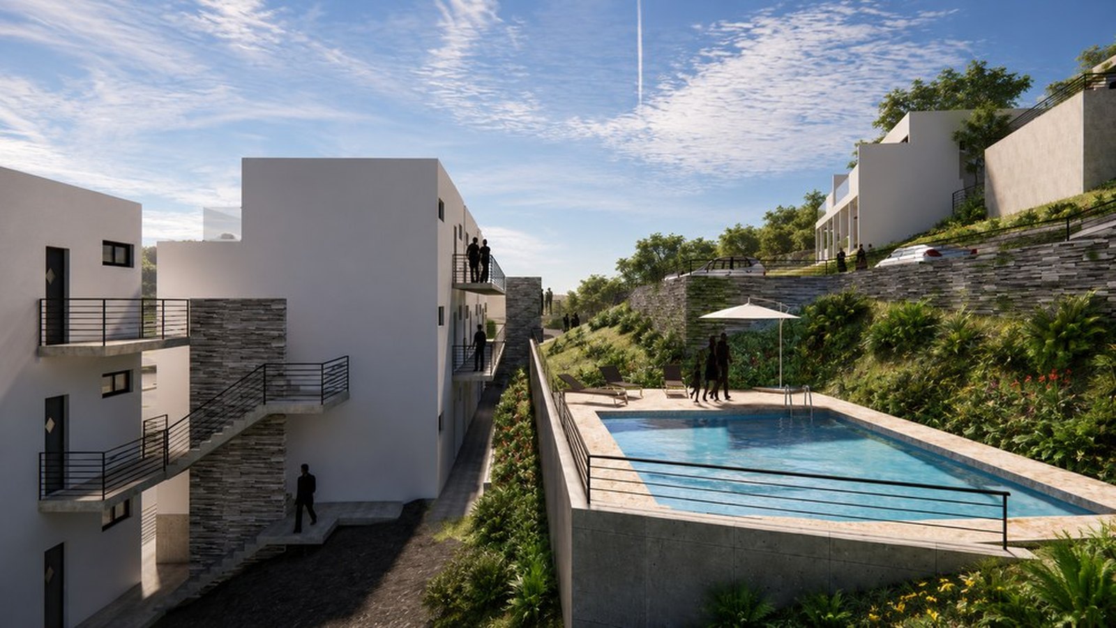 Private pools on the terraces of the two-storey blocks