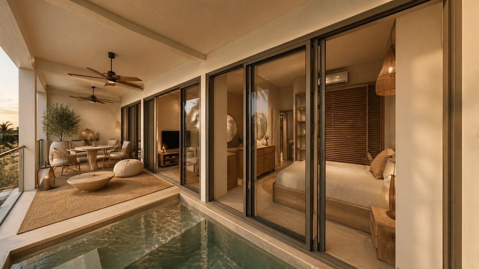 A bedroom opening onto the terrace and the private pool