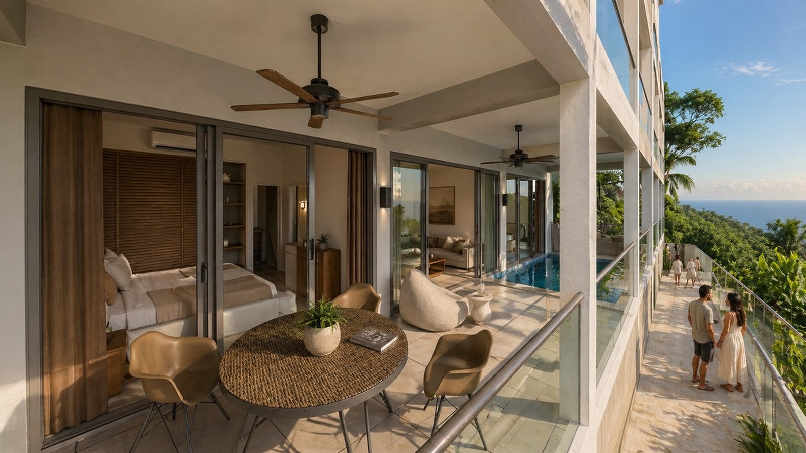 The covered terrace with the pool and the view to the sea